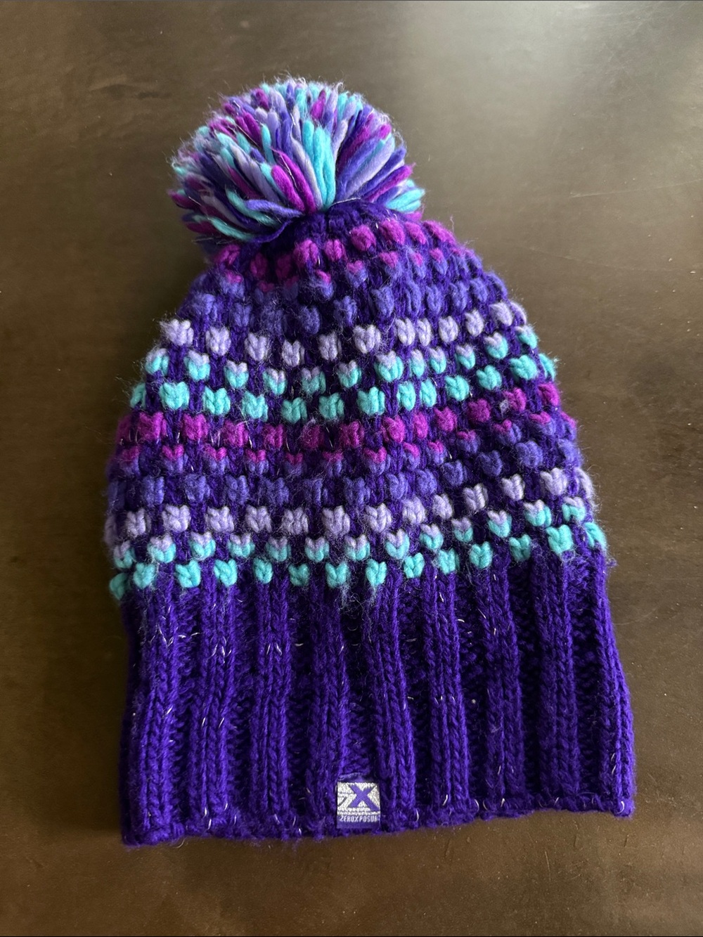 ZeroXposur Purple Knit Pom Beanie with Teal & Pink Accents